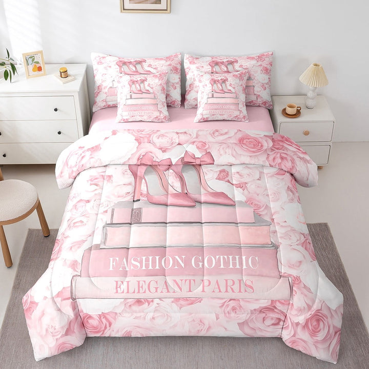 7Pcs Pink High Heels Comforter Set, Romantic Heels Bedding Sets Queen For Lady Women Aesthetic Glam Books And Rose Comforter + Flat Sheet + Fitted Sheet + 2 Pillowcases + 2 Throw Pillow Covers