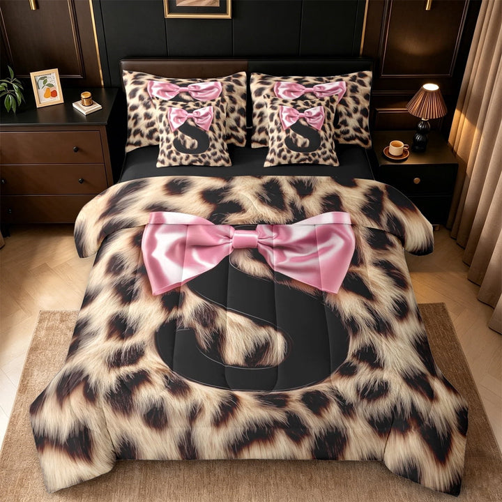 Erosebridal Wild Cheetah Print 7-Piece Twin Bedding Sets For Kids,Pink Princess Bow Initial Alphabet S Bedding Comforter Set,Black Reversible