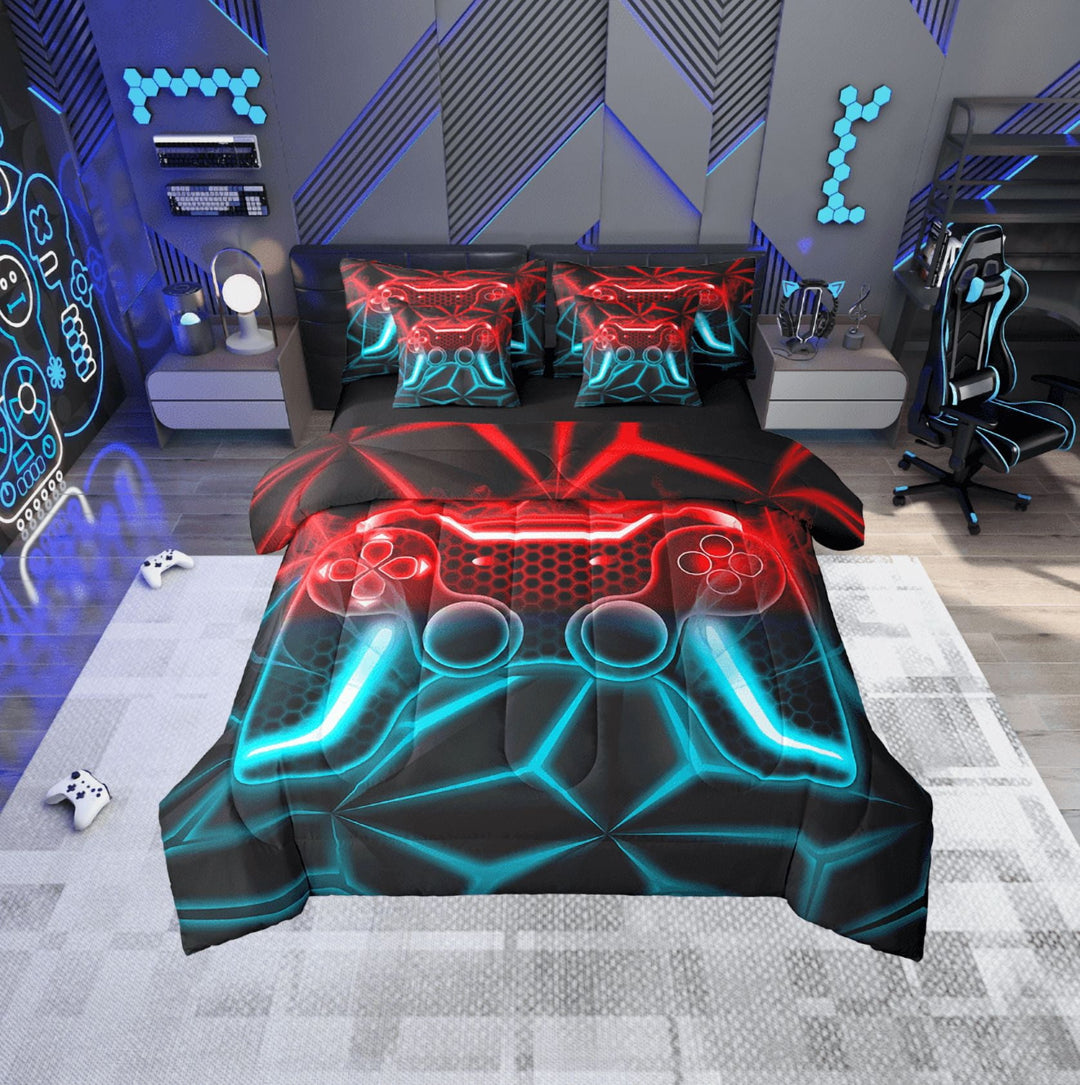 Erosebridal Video Game Bedding Sets Twin Size,Teal Red Neon Comforter Sets with Sheets,Geometric Honeycomb Bed in a Bag Twin size,Lightweight Gamepads Bedroom Decorative,Reversible,7pcs