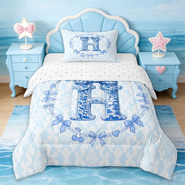 Erosebridal Letter H Monogrammed Twin Comforter Sets,Girls Blue Ribbon Bow Bedding Set For Bowknot Lover,Reversible,2pcs