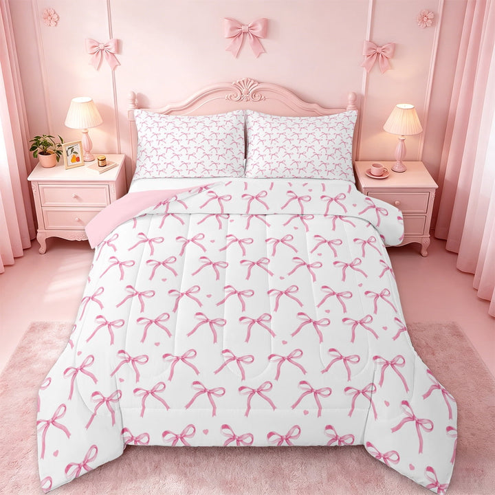 Manfei Kawaii Bowknot Bedding Comforter Set,Cartoon Bowtie Bow Twin Comforter Sets,Pink Loves Pattern Bedding Set For Girl,Breathable Home Decor Reversible,2pcs