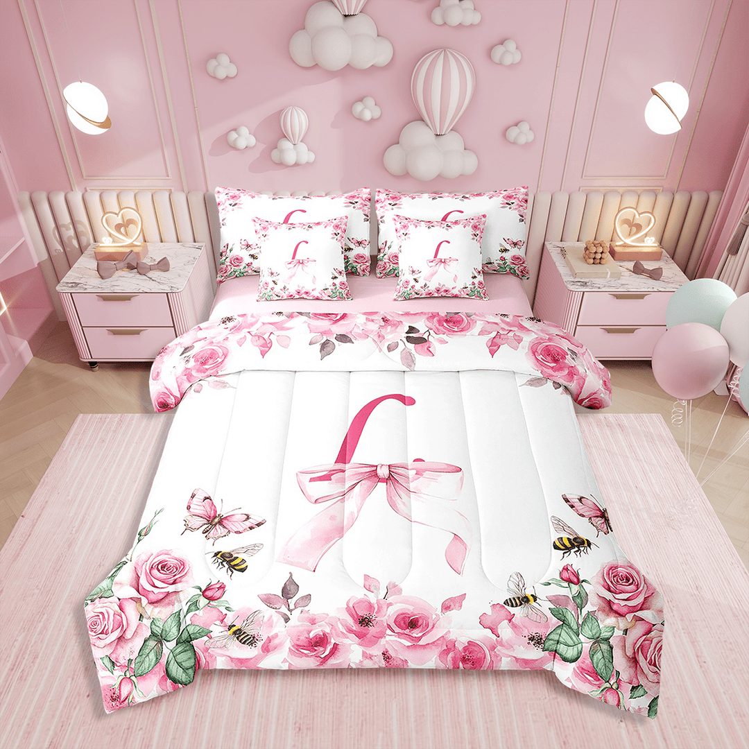 Erosebridal Initial Letter Comforter Set Twin Size,Bowknot Alphabet Bedding Set Teens,A-Z (Comforter+Fitted+Flat Sheet+2 Pillowcases+2 Throw Pillow Covers) 7 Pieces Bed Set