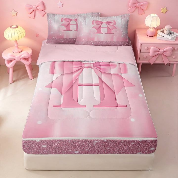 meiyoeat Cute Bowknot Letter Print Zipper Full Size Comforter Sets with Fitted Sheet and 2 Pillowcases For Girls,Pink Bowtie Monogrammed H Zipper Bedding Set For Kids,Pink Reversible,4 Pieces