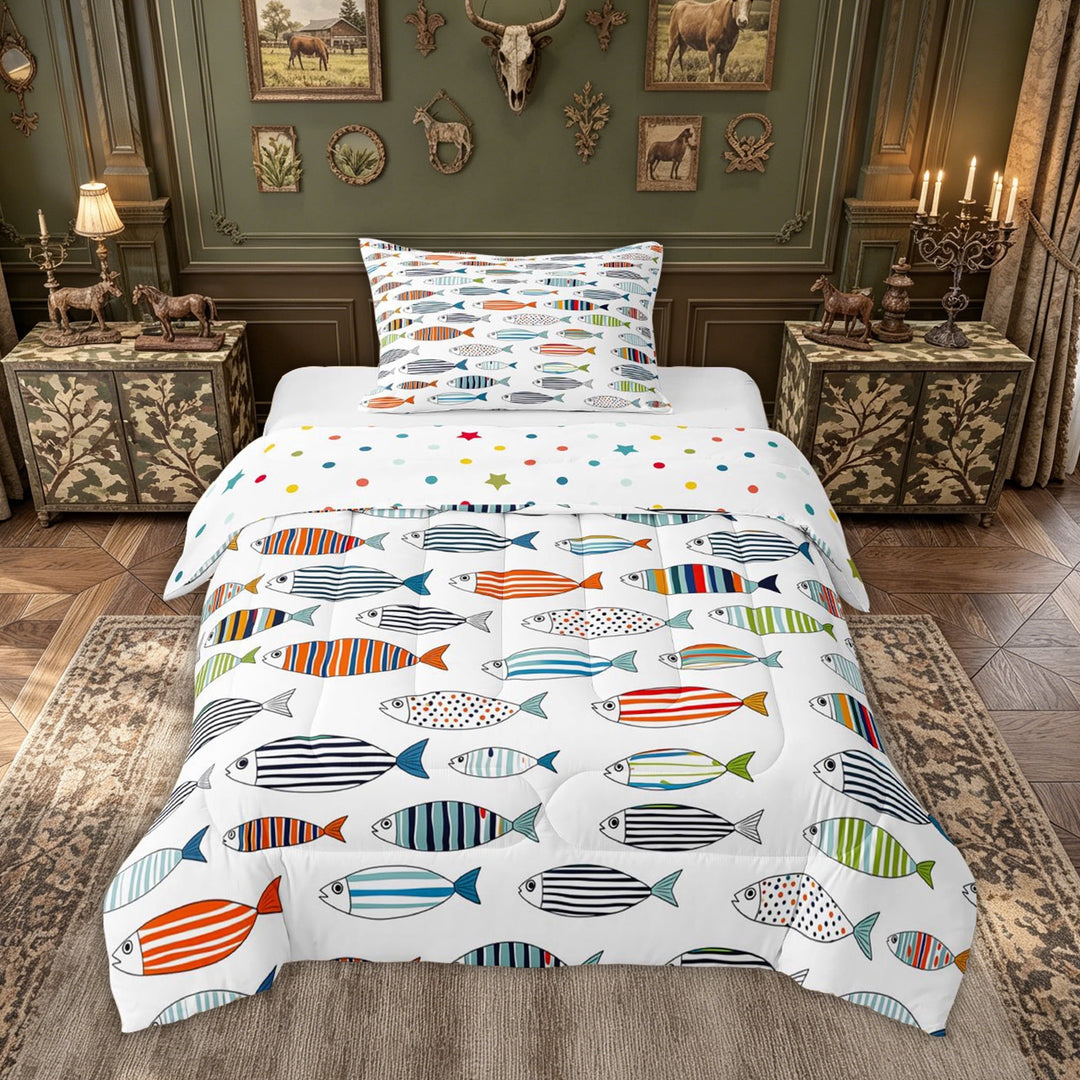meiyoeat Stripe Cartoon Fish Ocean Full Size Comforter Sets for Kids Boys Girls, Simple Line Marine Animal Bedding Comforter Set, Polkadot Reversible, 3-Piece, 1 Comforter and 2 Pillowcases