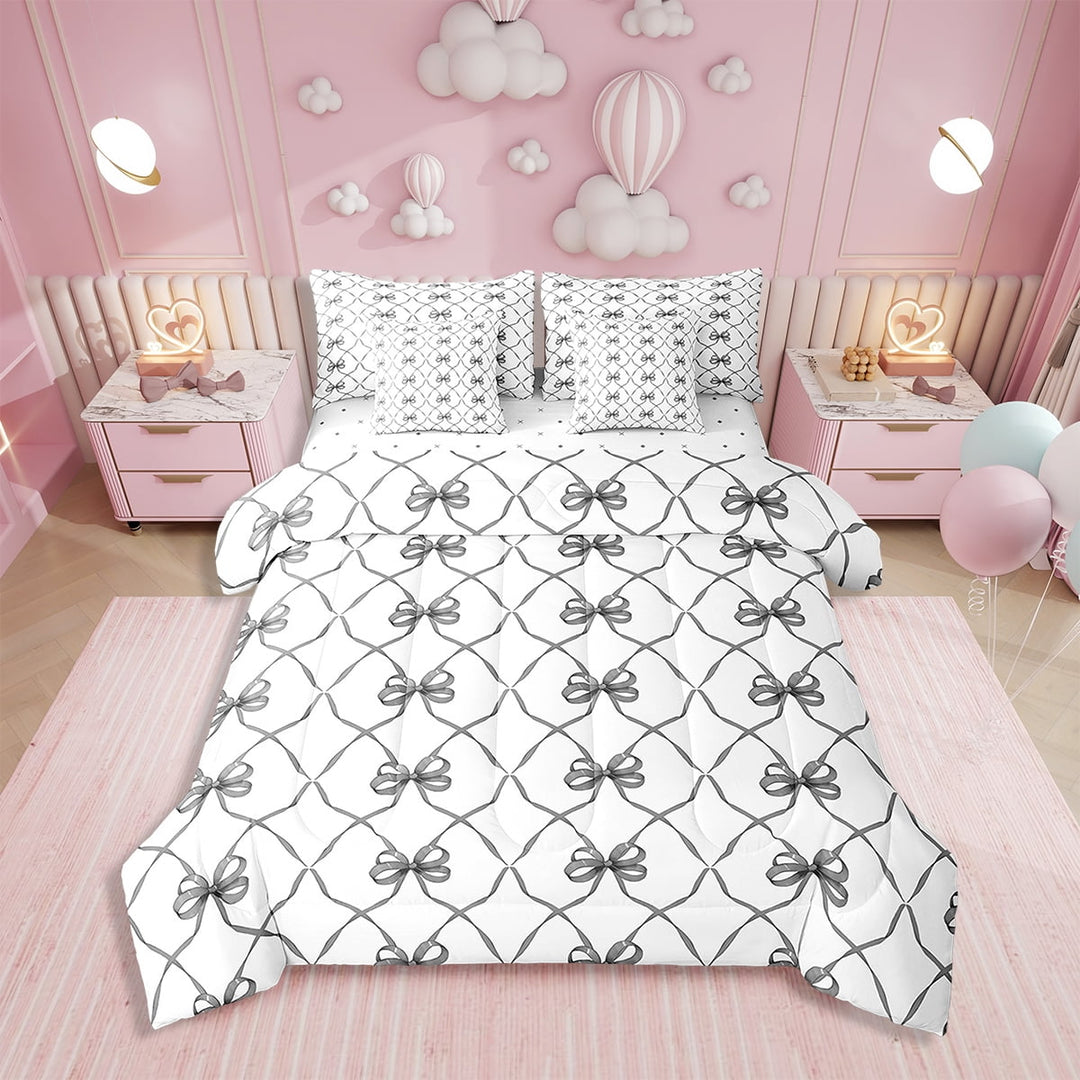 Bowknot 7 Piece Comforter Set Twin Bow Knot Bedding Butterfly Knot Bow Tie Sheet Set Bed in A Bag Aesthetic Coquette Bedroom Decor Geometric Cartoon Black Grey Duvet Insert