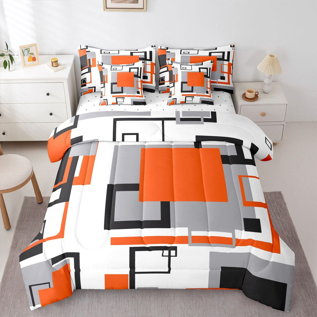 Erosebridal Black White Grey Orange 7 Piece Bed In A Bag King Geometric Square Grid Comforter Set With Sheets Adults Geometry Striped Bedding Set Modern Abstract Lines Grids Bed Set