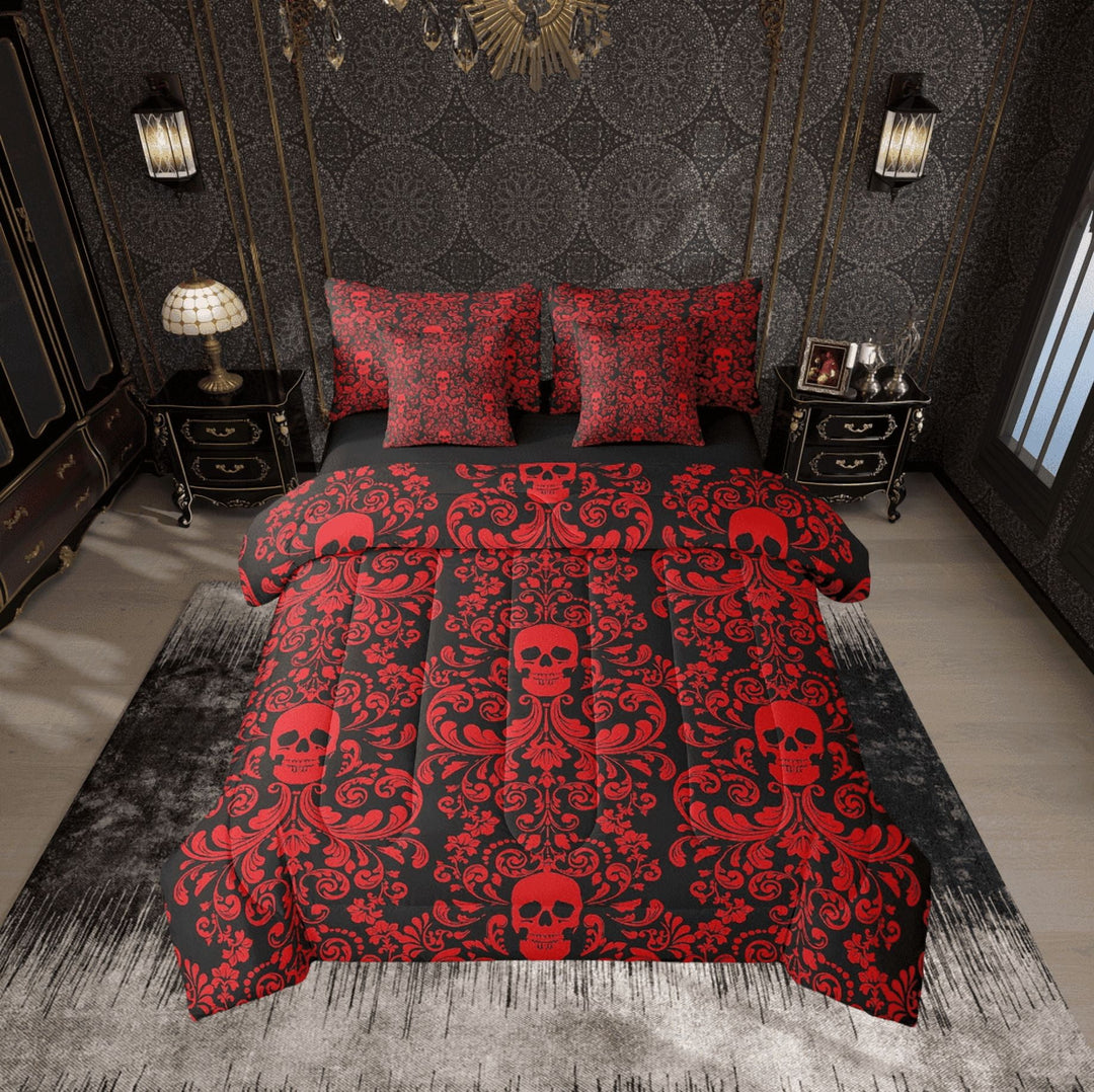 Damask Gothic Bedding Set Adults Antique Victorian Bed in a Bag Queen Comforter Set 7 Piece,Black Red Sugar Skull Sheet Set Vintage Baroque Floral Goth Bed Set