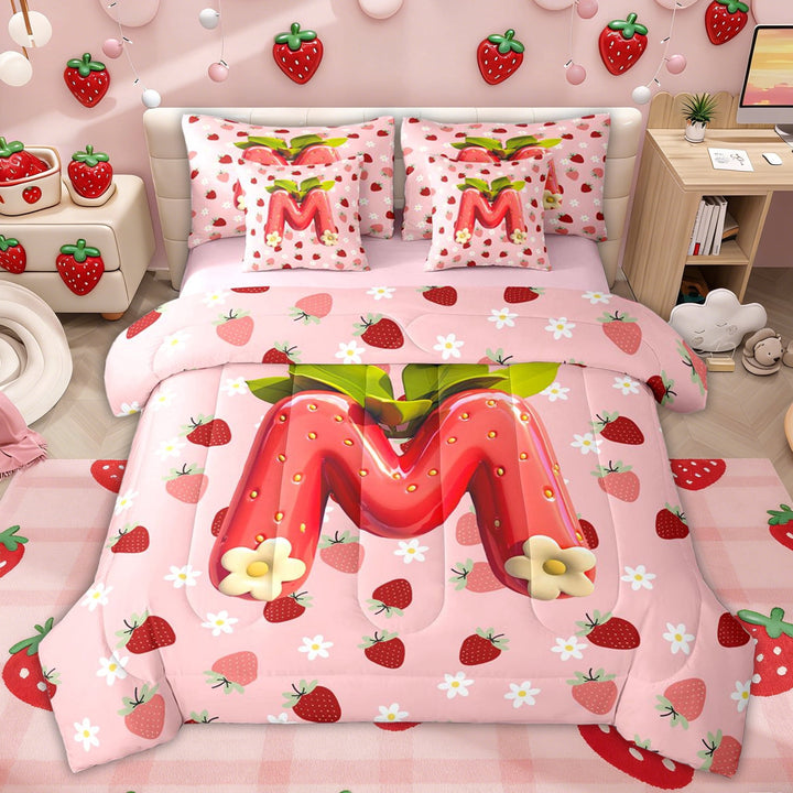 Erosebridal Girls Pink Red Strawberry Twin Bedding Sets for Kids, Flower Initial Letter M Bedding Comforter Set, Pink Reversible, 7pcs