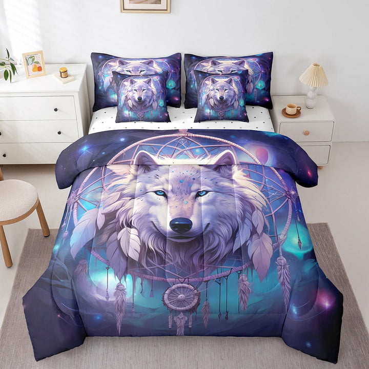 Queen Wolf 7 Pieces Bed In A Bag, Bohemian Dream Catcher Comforter, American Animal Fitted Sheet Tribal Exotic Wildlife Flat Sheet, 2 Pillow Cases, 2 Throw Pillow Covers, Purple