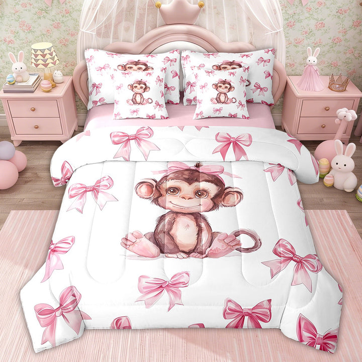 Erosebridal Princess Bowknot Bedding Sets Twin with Comforter, Kawaii Monkey Bedding Set, Cartoon Wildlife Decor, Pink Reversible 7pcs
