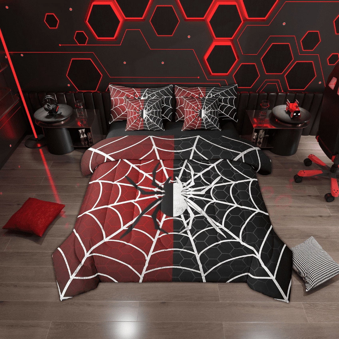 Erosebridal Hippie Black White Spider Bedding Sets Twin Size, Spider Web Print Comforter Sets with Sheets, Red Halloween Room Decor, Reversible 7-Piece