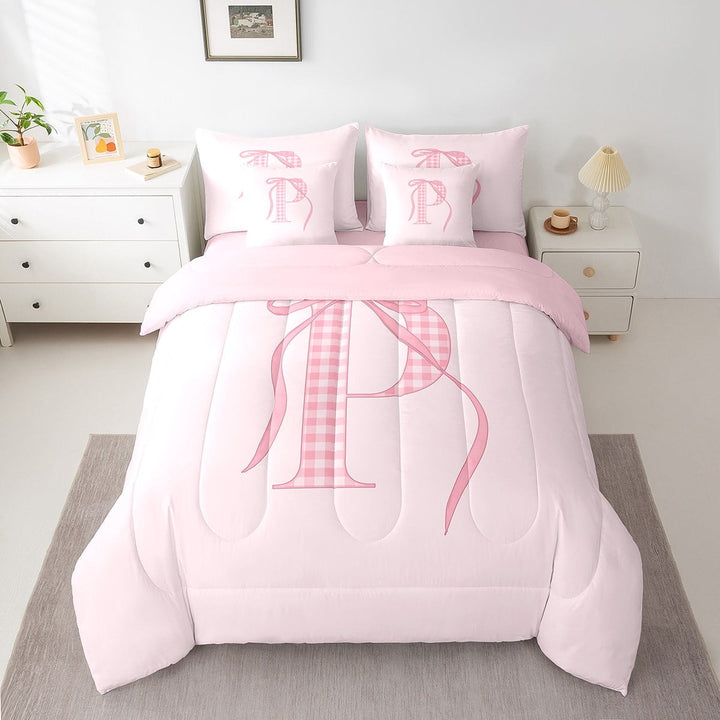 Erosebridal Pink Bow Bedding Twin Size, Initial P Bed in a Bag Twin size, Princess Room Decor, Reversible 7 Pieces