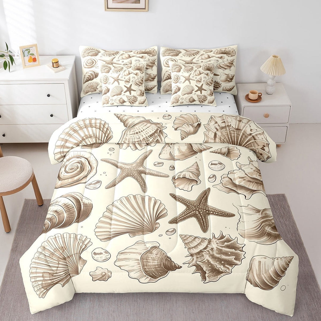 Erosebridal Sea Starfish Bed In A Bag 7-Piece Seashell Conch Twin Size Comforter Set,Ocean Beach Bed In A Bag Vintage Beige Sheet Set With Comforter Bedroom Decor,Breathable