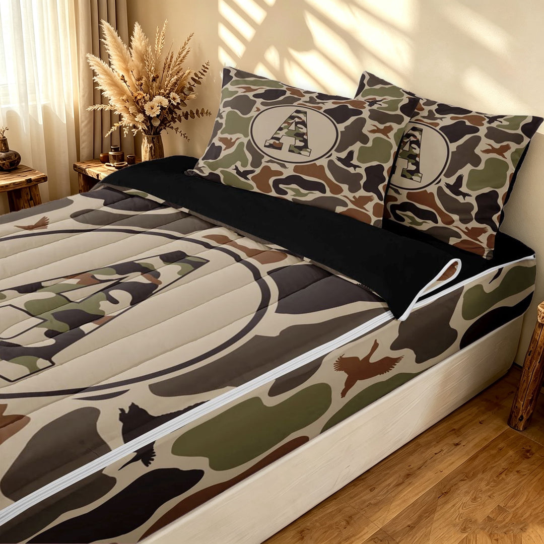 meiyoeat Green Rustic Camo Letter A Zipper Twin Comforter Sets with Fitted Sheet and 2 Pillowcases for Men Boys, Wildlife Duck Print Zipper Bedding Set, Black Reversible, 4-Piece