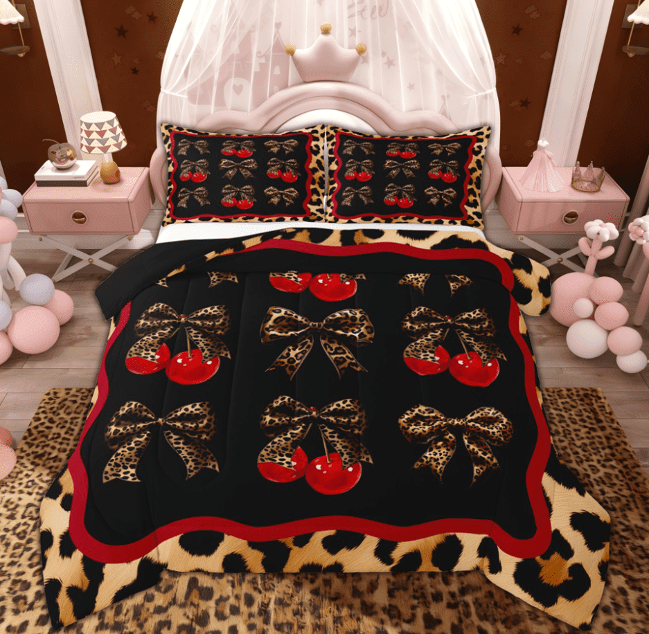 Manfei Fashion Ribbon Cherry Full Size Comforter Sets for Women Girls, Cheetah Leopard Print Bowknot Bedding Comforter Set, Black Reversibles, 3-Piece