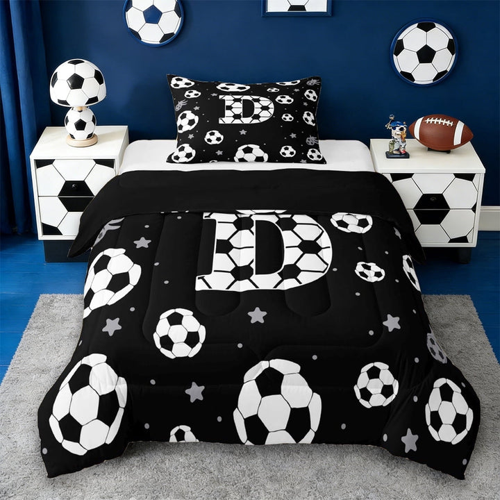 Erosebridal Kawaii Soccer Pattern Kids Twin Comforter Sets,Letter D Monogrammed Bedding Set For Boys Teens,Reversible Black 2 Pieces