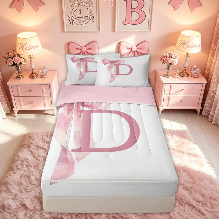 meiyoeat Pink Watercolor Bow Letter D Zipper Full Size Comforter Sets with Fitted Sheet and 2 Pillowcases for Girls, Cute Princess Monogram Zipper Bedding Set, Pink Reversible, 4 Pieces