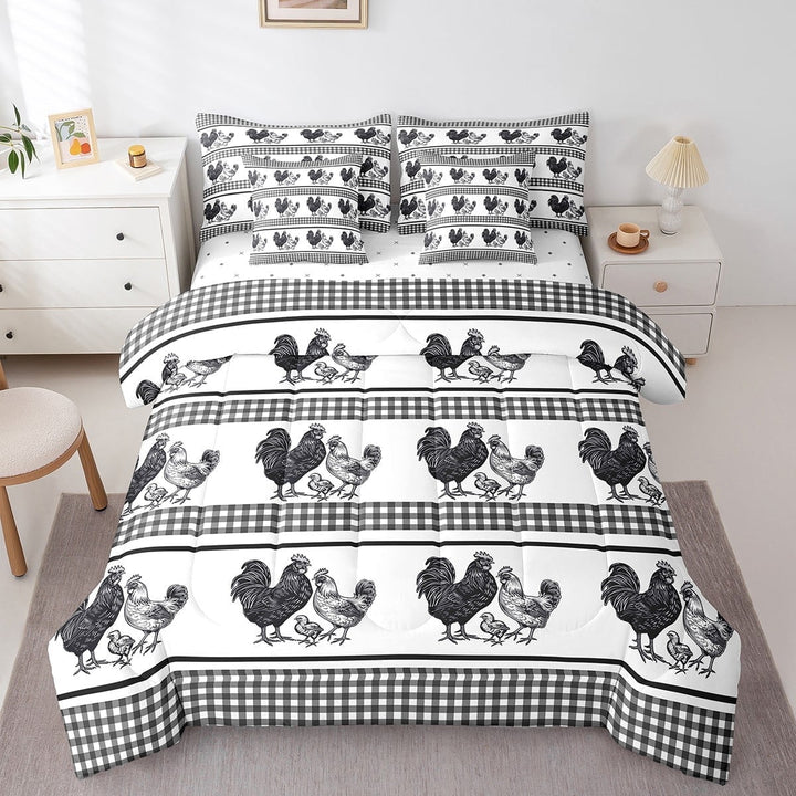 Erosebridal 7 Pcs Rooster Comforter Set Queen Size,Farmhouse Animal Bed in a Bag with Flat Sheet and Fitted Sheet and Adults,Rustic Chick Family Bedding Set with Pillowcase and Sham