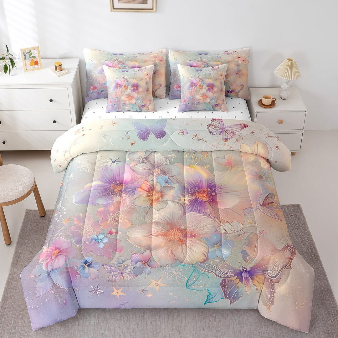 Erosebridal 7-Piece Bedding Twin Size Chic Butterfly Comforter Set, Purple Pink Flower Floral Bedding Comforter Sets Sparkle Stars Bed in a Bag, Vintage Cherry Blossoms Bedding Accessories