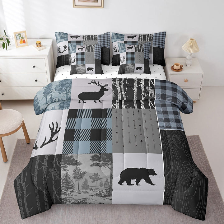 Erosebridal Hunting Bear Bed in a Bag Full size, Farmhouse Wildlife Bed Set, Patchwork Plaid Decor, 7pcs