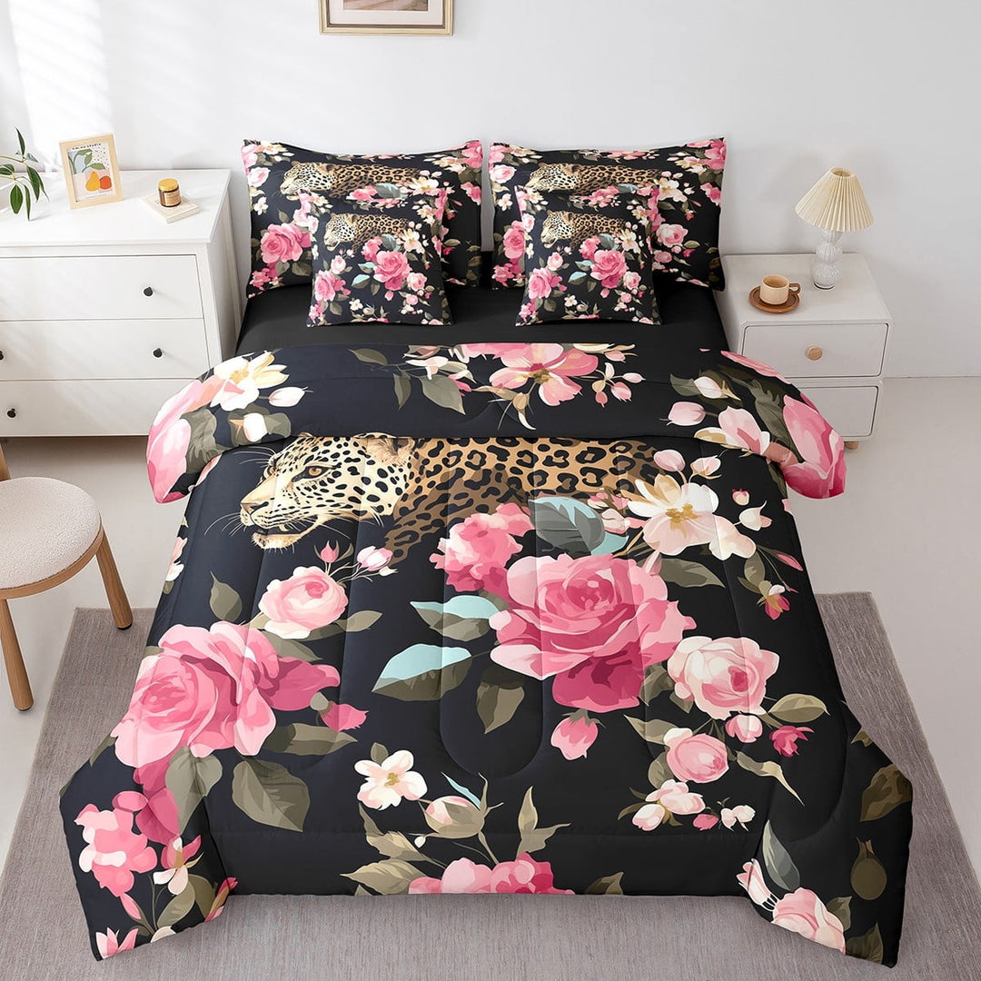 Leopard Bed Set in a Bag 7 Pcs,Wild Cheetah Animal Brown Leopard Print Bedding Set,Watercolor Pink Roses Garden Flowers Comforter with Fitted,Flat Sheet,Pillowcase,Pillow Covers,Full