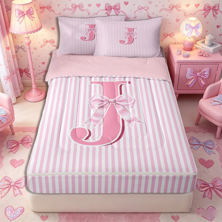 Meiyoeat Charming Bow Letter J Zipper Full Size Comforter Sets with Fitted Sheet and 2 Pillowcases for Girls Youth, Soft Stripe Zipper Bedding Set, Light Pink White,4pcs,Pink Reversible