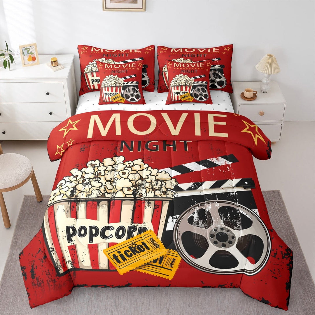 Manfei Retro Popcorn Cinema 7-Piece Bedding Comforter Set,Moive Time King Bedding Sets,Red Black Bed Sheets For Kids,Ultra Soft Home Decor Reversible
