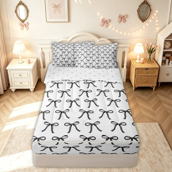 meiyoeat Princess Ribbon Bow Zipper Full Size Comforter Sets with Fitted Sheet and 2 Pillowcases for Boys Girls, Black White Cartoon Zipper Bedding Set, Reversible, 4-Piece