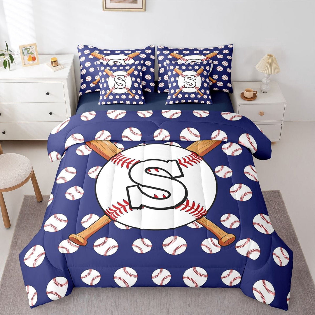 Erosebridal Sport Letter Monogrammed S Twin Bedding Sets 7-Piece for Teens,Baseball Gamer Bedding Comforter Set for Boys Girls,Navy Blue Reversible,Luxury Bedroom Decor