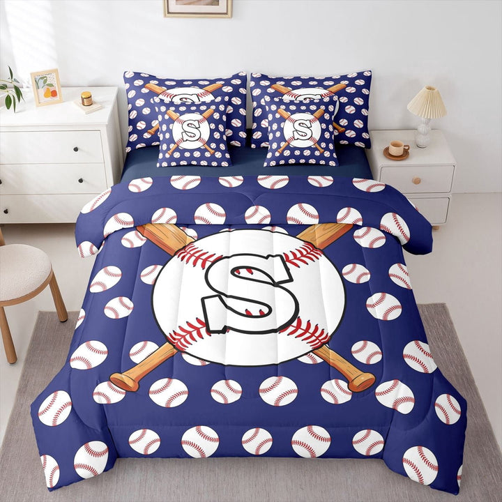 Erosebridal Sport Letter Monogrammed S Twin Bedding Sets 7-Piece for Teens,Baseball Gamer Bedding Comforter Set for Boys Girls,Navy Blue Reversible,Luxury Bedroom Decor
