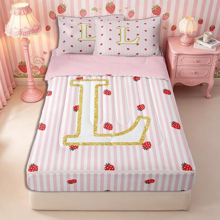 Meiyoeat Red Strawberry Kawaii Letter L Zipper Full Size Comforter Sets with Fitted Sheet and 2 Pillowcases, Cartoon Fruit Stripes Print Zipper Bedding Set for Bedroom,4pcs,Pink Reversible