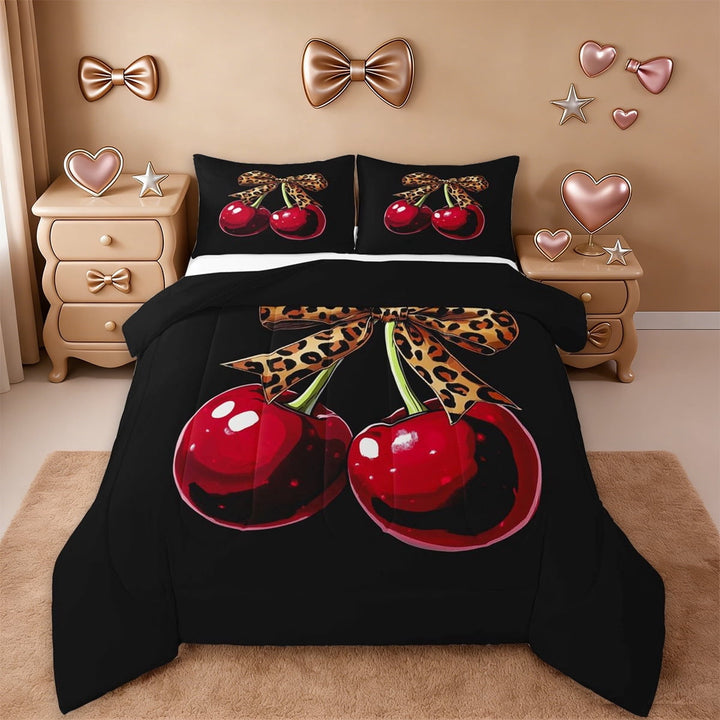 Erosebridal Girls Cute Bowknot Cherry Kids Full Size Comforter Sets,Leopard Cheetah Print Bowtie Bedding Sets For Bowknot Lovers,Reversible Black,3 Pieces