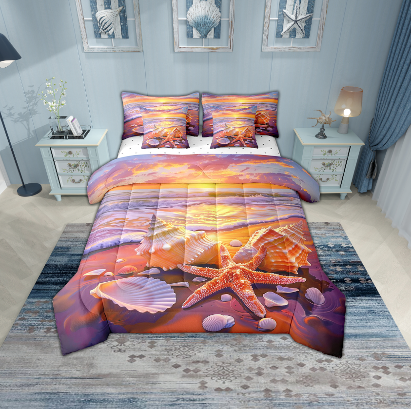Erosebridal Starfish SeashellBedding Sets Twin Size,Ocean Beach Comforter Sets with Sheets,Sea Animal Bed in a Bag Twin size,Ultra Soft Unicorn Room Decorative,Reversible,7-Piece