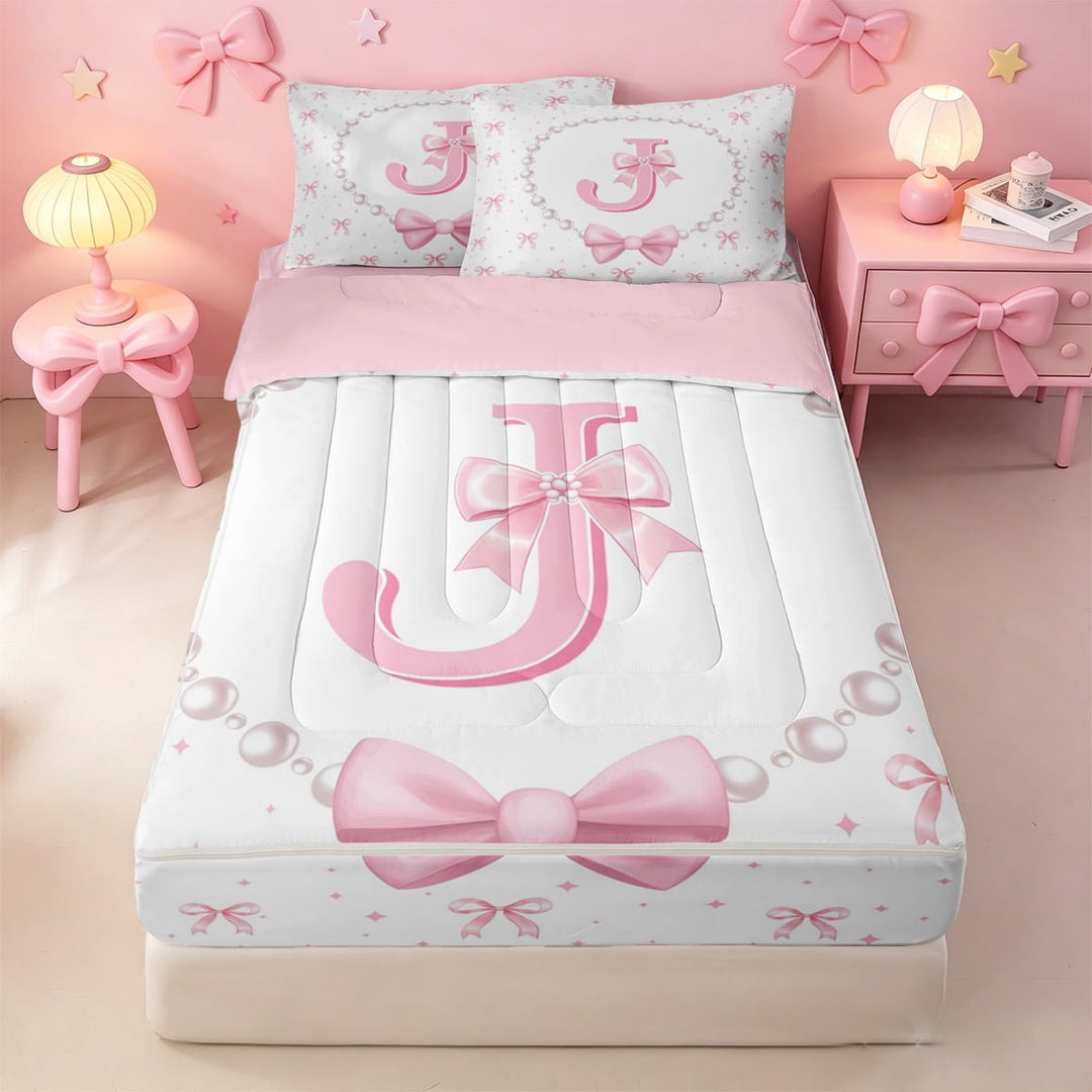 meiyoeat Pink Cute Bowknot Zipper Full Size Comforter Sets with Fitted Sheet and 2 Pillowcases For Girls,Kawaii Bowtie Monogrammed J Zipper Bedding Set For Kids,Pink Reversible,4-Piece