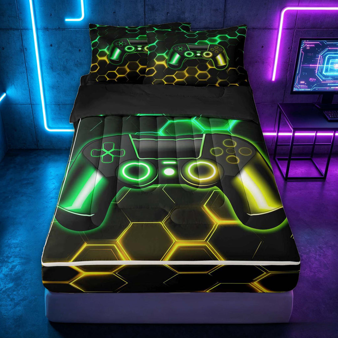 meiyoeat Gradient Gamepad Zipper Full Size Comforter Sets with Fitted Sheet and 2 Pillowcases for Boys Gamers, Neon Honeycomb Green Yellow Gaming Zipper Bedding Set, Black Reversible