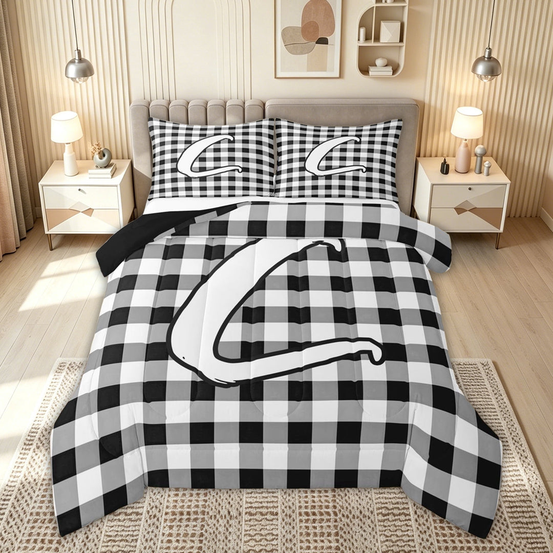 meiyoeat Graffiti Letter C Full Size Comforter Sets for Boys, Checkered Grid Bedding Comforter Set for Kids, Black White, Black Reversible, 3-Piece, 1 Comforter and 2 Pillowcases