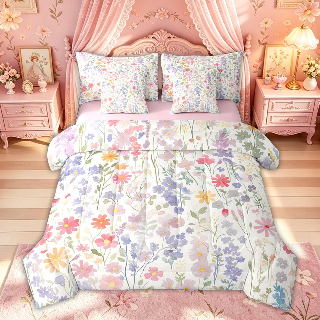 meiyoeat Watercolor Wildflower Full Size Bedding Sets for Kids Girls, Pastel Botanical Floral Full Size Bed in a Bag, Multicolor White, Pink Reversible, 7-Piece