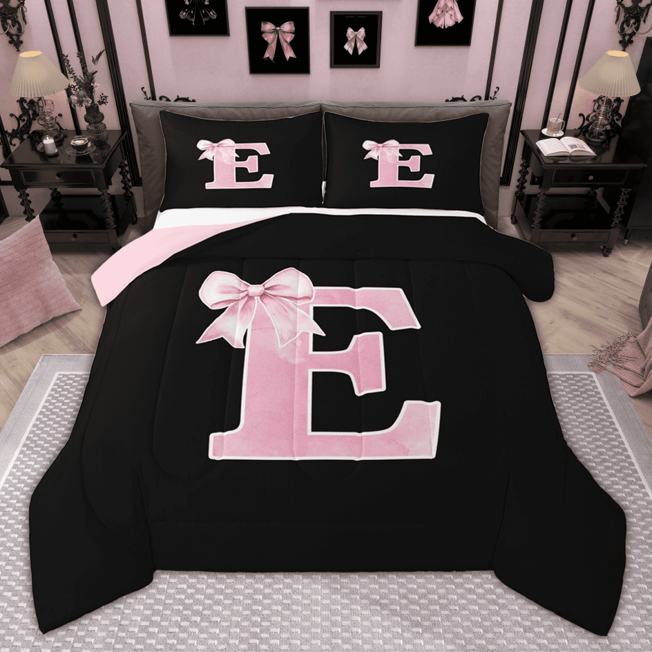 Manfei Personalized Initial E Bedding Comforter Set for Girls, Pink Bow Tie Twin Comforter Sets, Watercolor Monogrammed Bedding Set, Breathable Room Decor, Reversible 2pcs