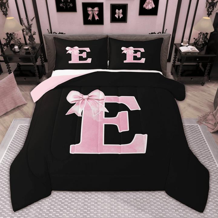Manfei Personalized Initial E Bedding Comforter Set for Girls, Pink Bow Tie Twin Comforter Sets, Watercolor Monogrammed Bedding Set, Breathable Room Decor, Reversible 2pcs
