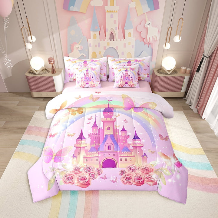 Erosebridal Purple Castle Bedding Sets Twin Size, Dreamy Princess Comforter Sets with Sheets, Romantic Rose Decor, Reversible 7pcs