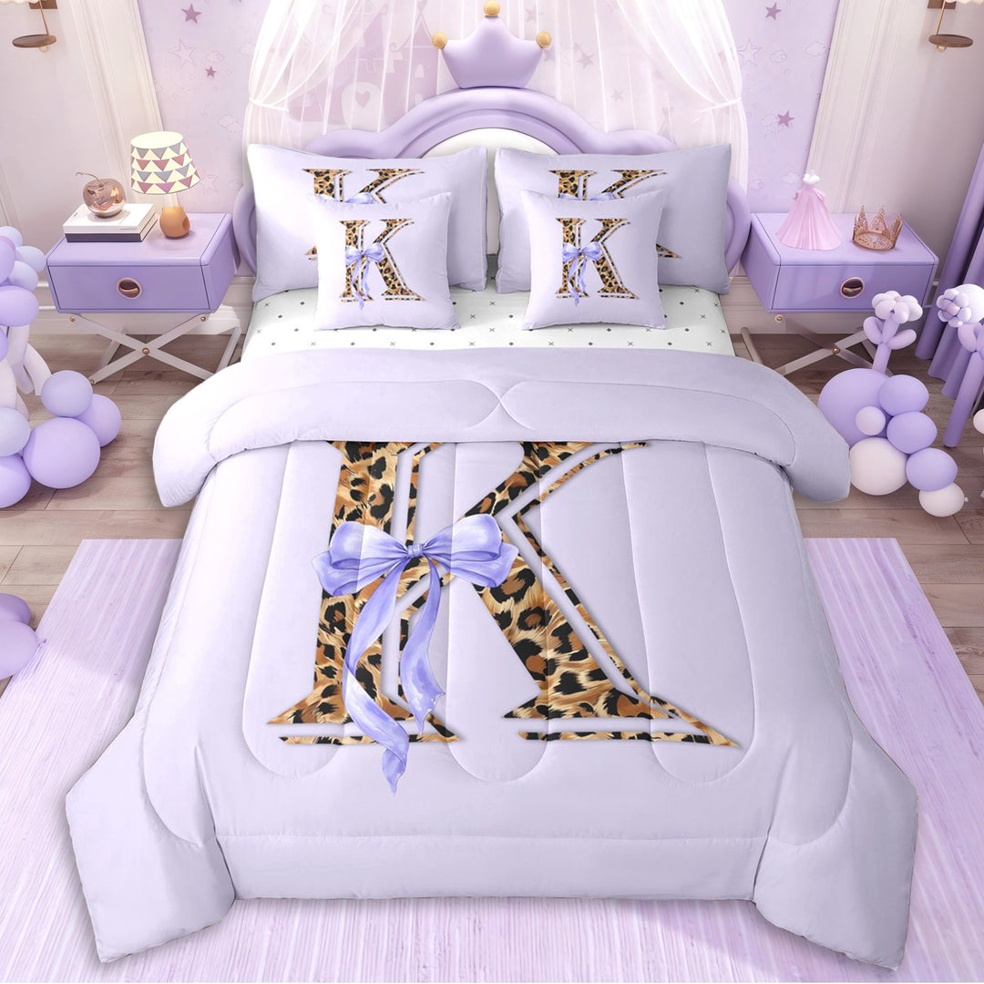 Erosebridal Girls Letter K Monogrammed Cartoon Bowknot Twin Bedding Sets 7-Piece,Purple Bow Vintage Leopard Print Bedding Comforter Set,Luxury Bedroom Decor