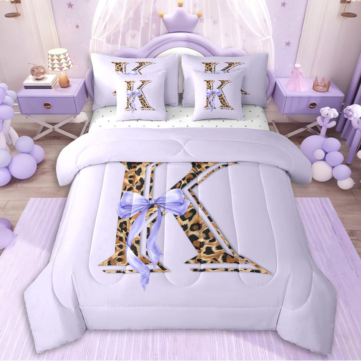 Erosebridal Girls Letter K Monogrammed Cartoon Bowknot Twin Bedding Sets 7-Piece,Purple Bow Vintage Leopard Print Bedding Comforter Set,Luxury Bedroom Decor