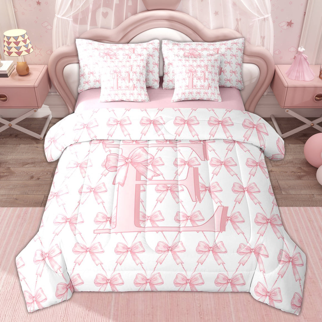 Erosebridal Monogrammed E Kid Twin Bedding Sets, Kawaii Bowknot Bedding Comforter Set, Pink Reversible, 7 Pieces