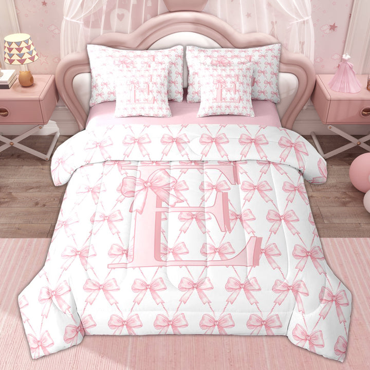 Erosebridal Monogrammed E Kid Twin Bedding Sets, Kawaii Bowknot Bedding Comforter Set, Pink Reversible, 7 Pieces