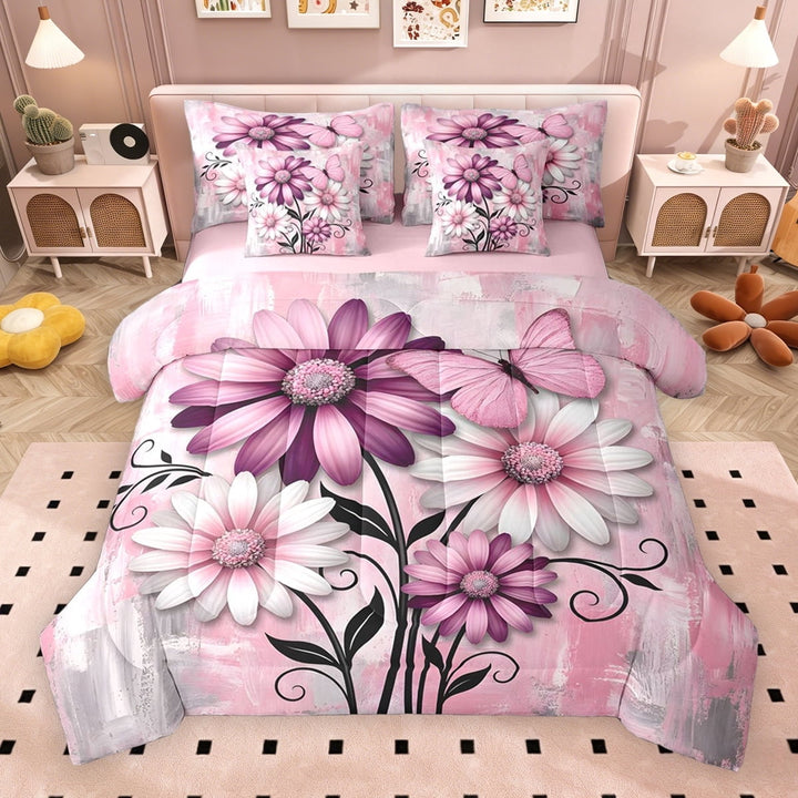 Erosebridal Pink Daisy Bedding Comforter Set for Girls, Watercolor Ombre Queen Bedding Sets, Pink Reversible, 7 Pieces