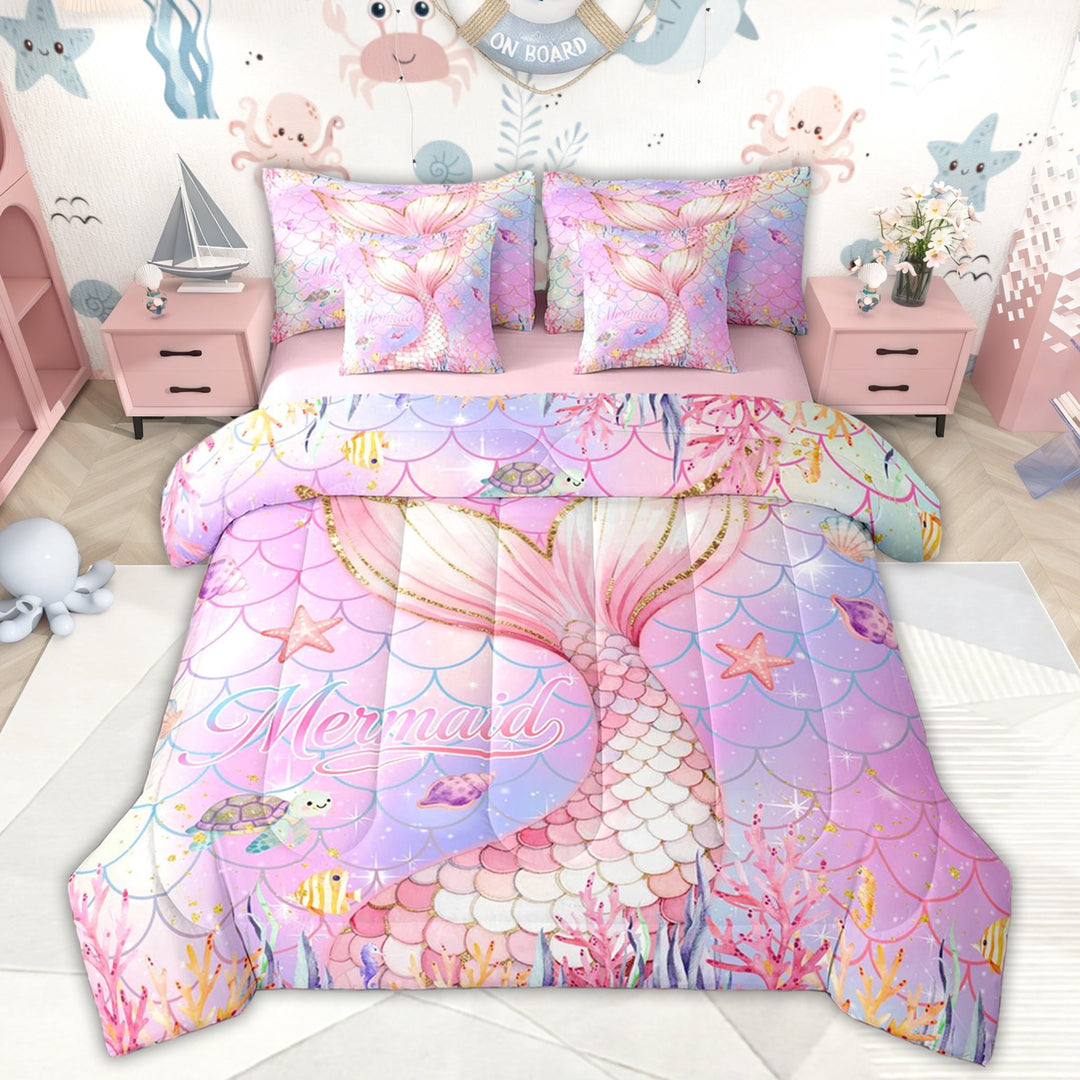 Erosebridal Magic Ocean Mermaid Twin Bedding Sets, Princess Style Bedding Comforter Set, Pink Reversible, 7 Pieces