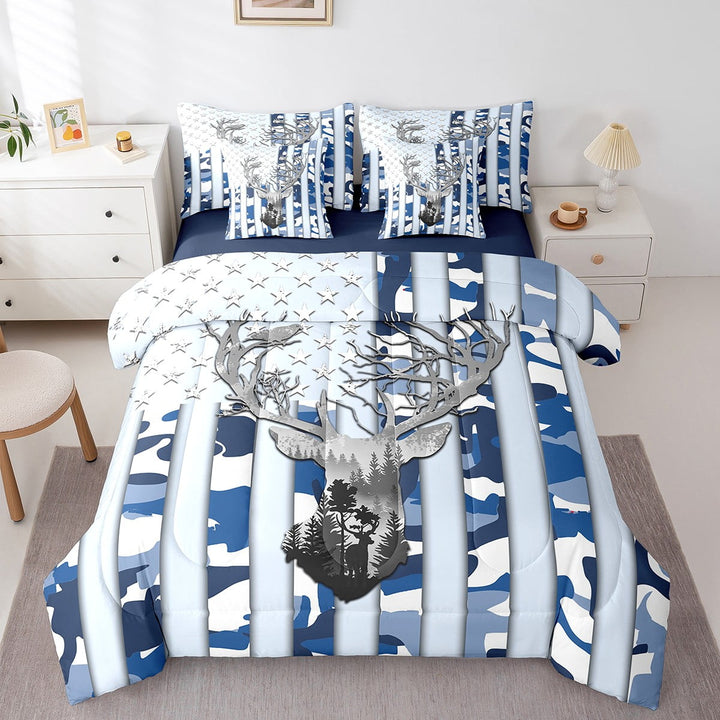 Erosebridal Grey Deer Bedding Queen Size,Blue Camouflage Comforter Sets with Sheets,US Flag Bedding Sets Queen Size,Lightweight Abstract Room Decor,Reversible,7 Pieces
