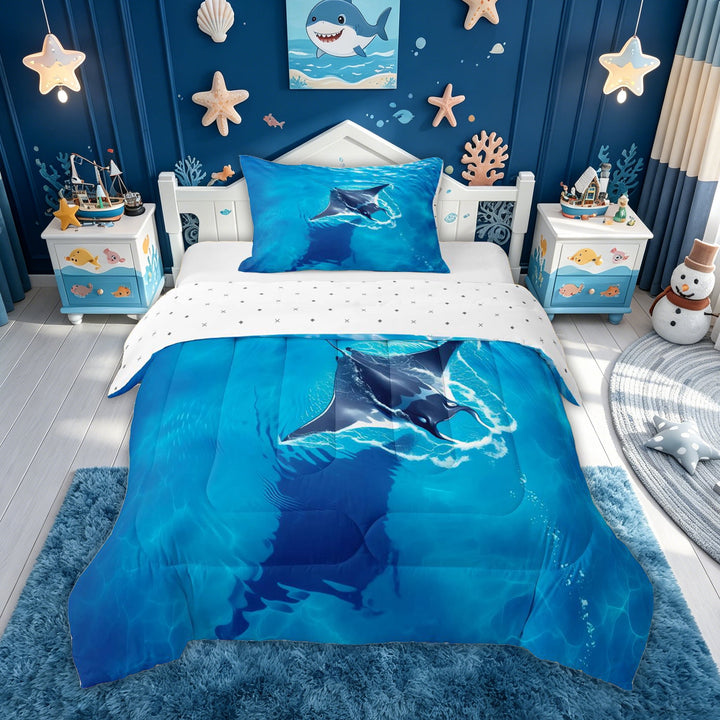 meiyoeat Sea Manta Ray Full Size Comforter Sets for Men Boys, Sunlight Wave Wildlife Bedding Comforter Set, Blue, Reversible, 3-Piece, 1 Comforter and 2 Pillowcases