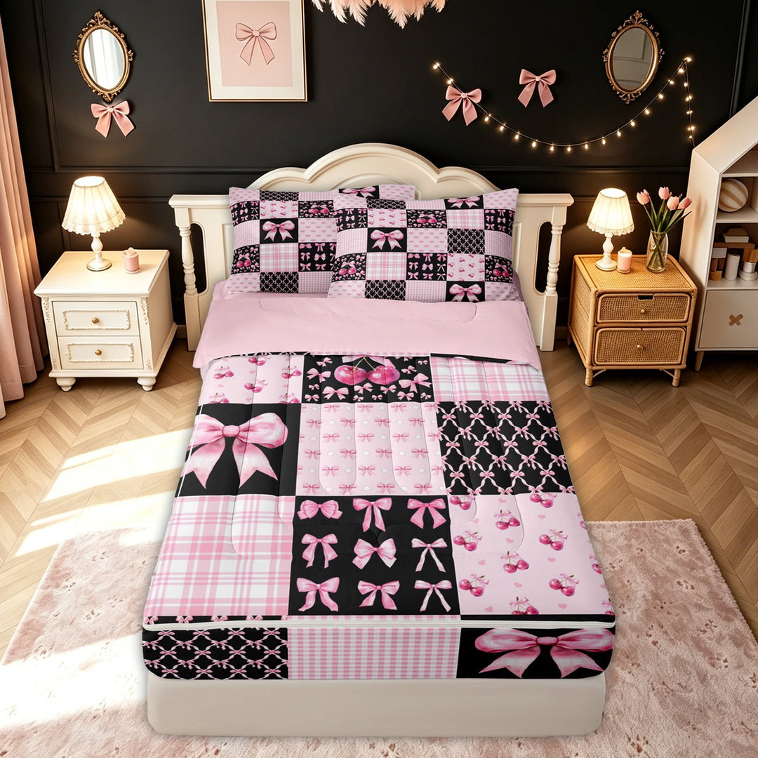meiyoeat Y2K Bow Cherry Checker Zipper Twin Comforter Sets with Fitted Sheet and 2 Pillowcases for Women Girls, Black Pink Princess Style Zipper Bedding Set, Pink Reversible, 4 Pieces