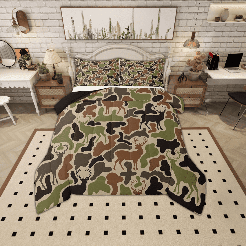 Erosebridal Green Brown Black Camo Bedding Sets Twin with Comforter, Military Camouflage Duvet Insert, Lightweight Comforter Sets Twin Size, Bedroom Decor, 2pcs